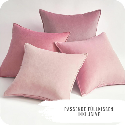 4er Set Samt Kissen von Interior by Hakito in eleganten Rosatönen, inklusive Füllkissen, für eine gemütliche Atmosphäre im Schlaf- oder Wohnzimmer.