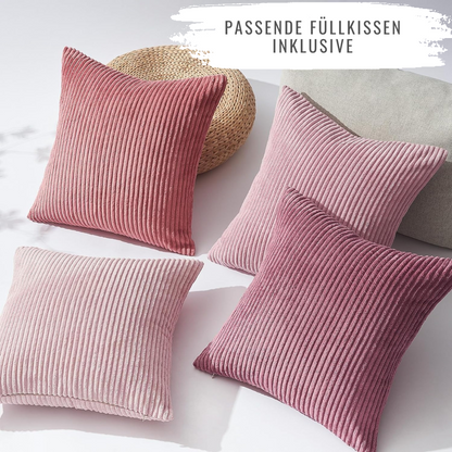 Stylisches 4er Set Oeko-Tex Kissen in Pastelltönen von Interior by Hakito, perfekt für Sofa und Bett – Mary Kordsamt.