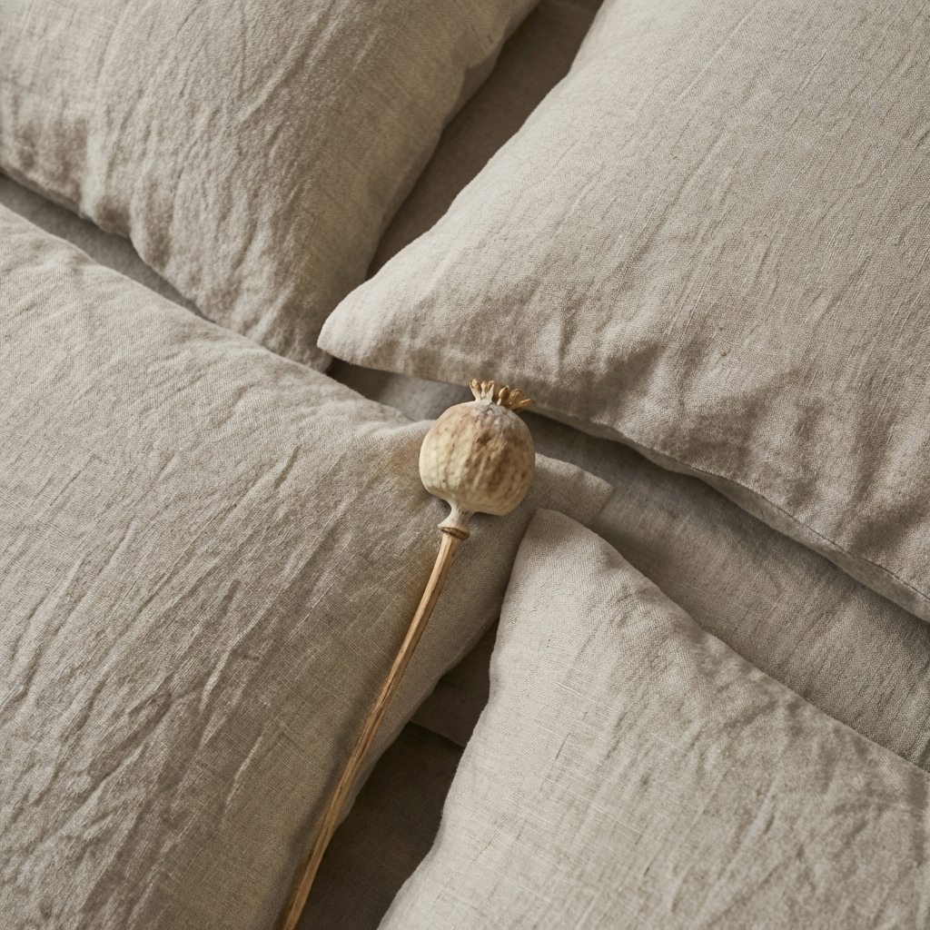 Nahaufnahme von Reine Leinen Bettwäsche GOTS von Hakito. Die strukturierten Kissen und eine dekorative Blume bringen natürliche Eleganz ins Schlafzimmer.