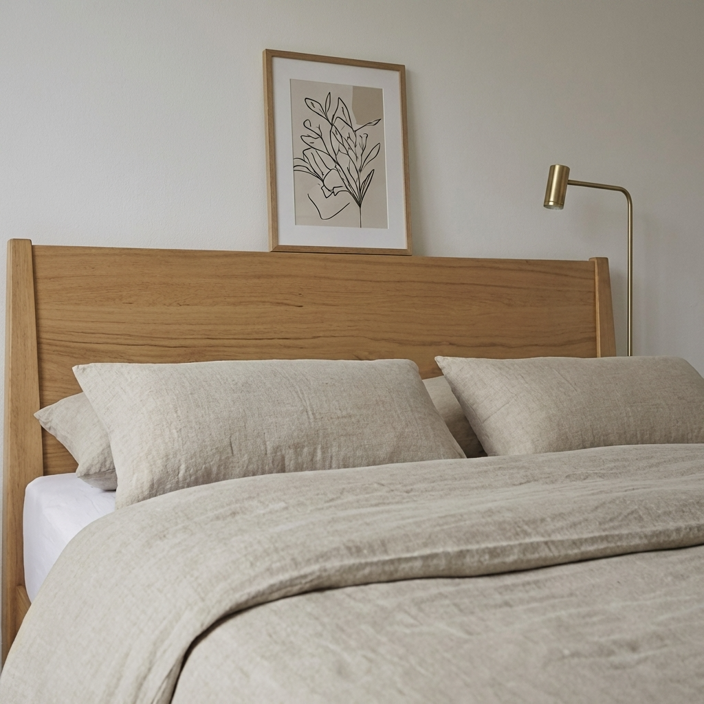 Modernes Schlafzimmer mit Reine Leinen Bettwäsche GOTS von Hakito. Die Kombination aus Hölzern und sanften Farben schafft eine harmonische Umgebung für erholsame Nächte.