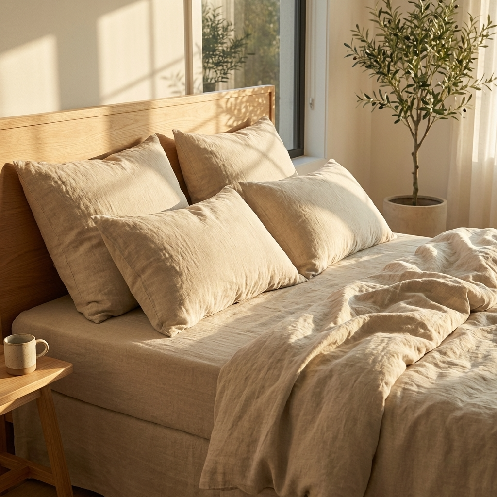 Gemütliches Bett mit Reine Leinen Bettwäsche GOTS von Hakito. Die weichen Kissen und die natürliche Lichtstimmung verleihen dem Raum eine einladende Atmosphäre.