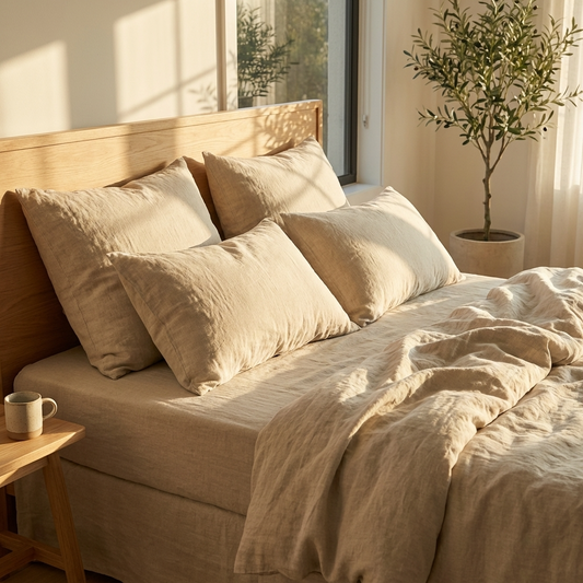 Gemütliches Bett mit Reine Leinen Bettwäsche GOTS von Hakito. Die weichen Kissen und die natürliche Lichtstimmung verleihen dem Raum eine einladende Atmosphäre.
