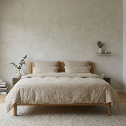 Stylisches Schlafzimmer mit Reine Leinen Bettwäsche GOTS von Hakito. Die Bettwäsche in sanften Erdtönen lädt zum Entspannen ein und sorgt für einen komfortablen Schlaf.