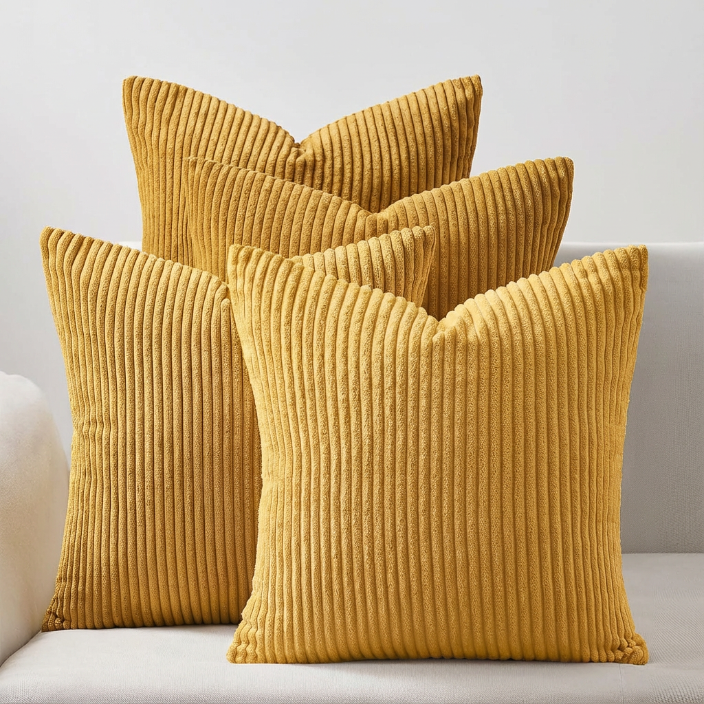 Vier gelbe Kissen mit Rippendesign aus dem 4er Set Oeko-Tex Kissen von Mary Kordsamt, ideal für eine stilvolle Wohnraumgestaltung, von Interior by Hakito.